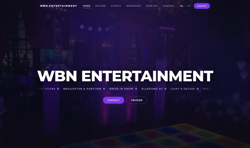 Screenshot van de homepage van WBN Entertainment